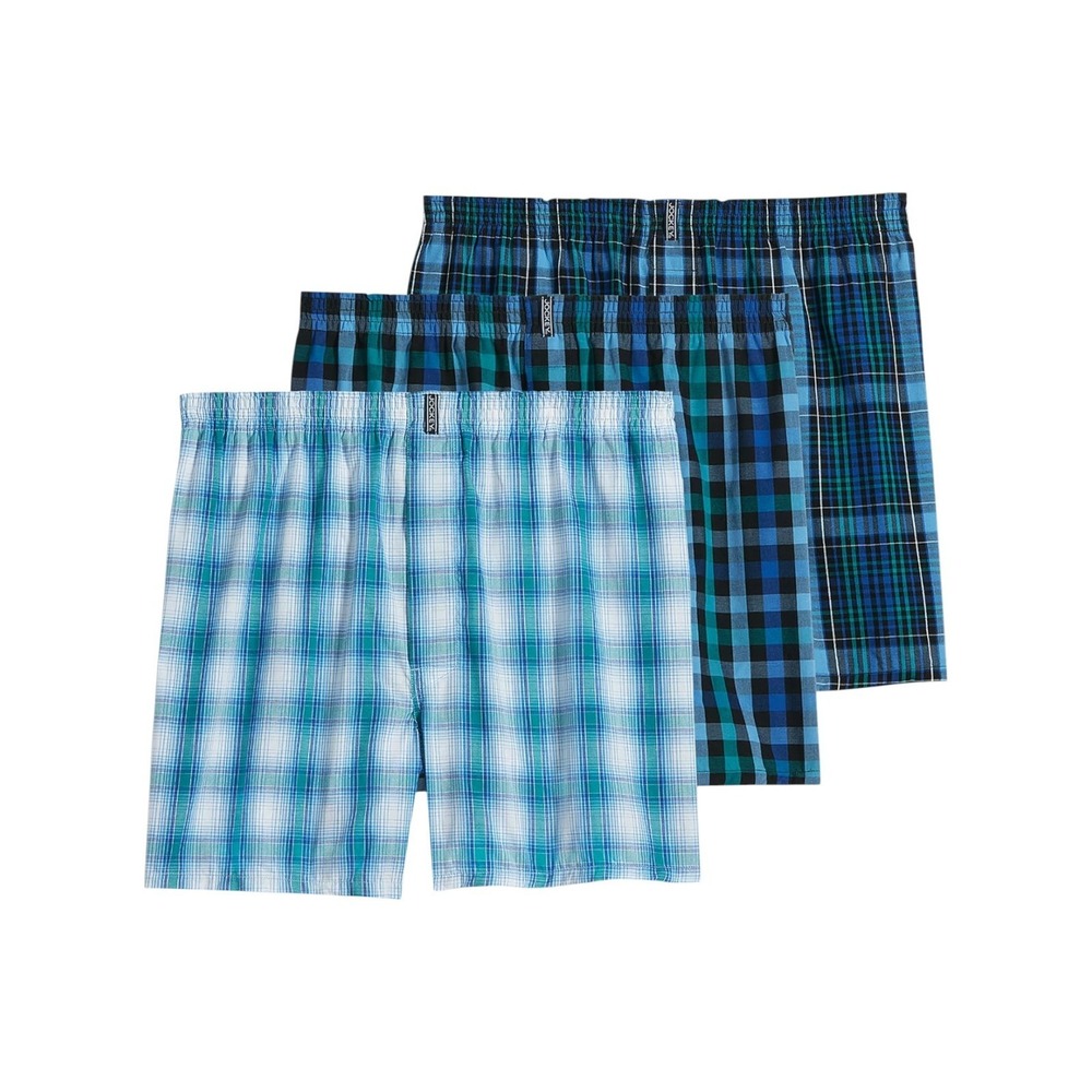 Jockey‎ Men's 3-Pack Woven Boxers LARGE (Blue And Green Plaid)- New!